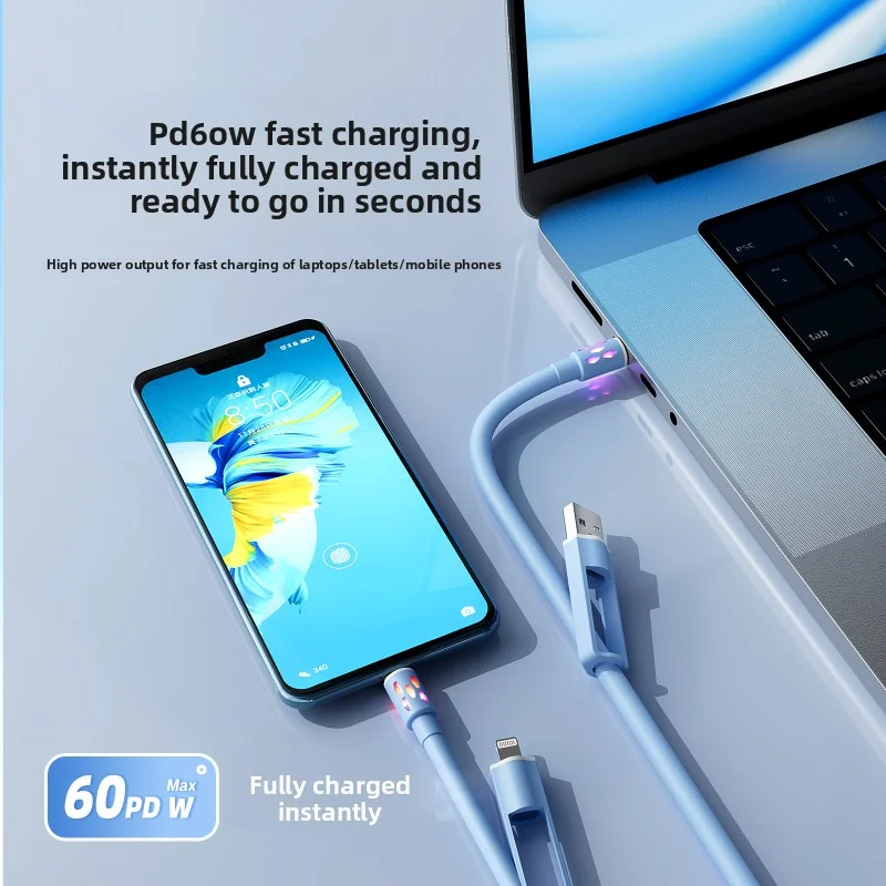 4-in-1 PD60W Super Fast Charging Cable RGB Breathing Light Type-C For iPhone7-16ProMax iPad Notebook Tablet Mobile Phone Samsung