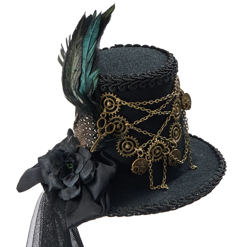 

Halloween Goth Mini Hat Retro Clock Cogs Feather Top Hat with Veil Party Cosplay Costumes Headwear