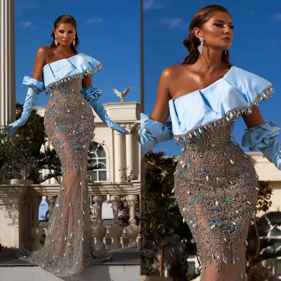 

Fashion Evening Dresses Rhinestone Prom Gown Mermaid Illusion Party Dress One Shoulder Beaded Customized Vestidos de noche