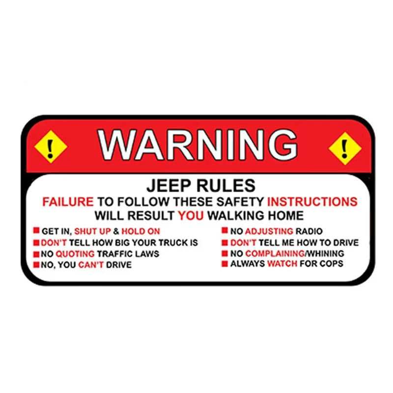 1 Piece 13cm X 6.3cm For Jeep Rules Warning Decal Sticker Wrangler Sahara Funny Vinyl Waterproof Car Styling