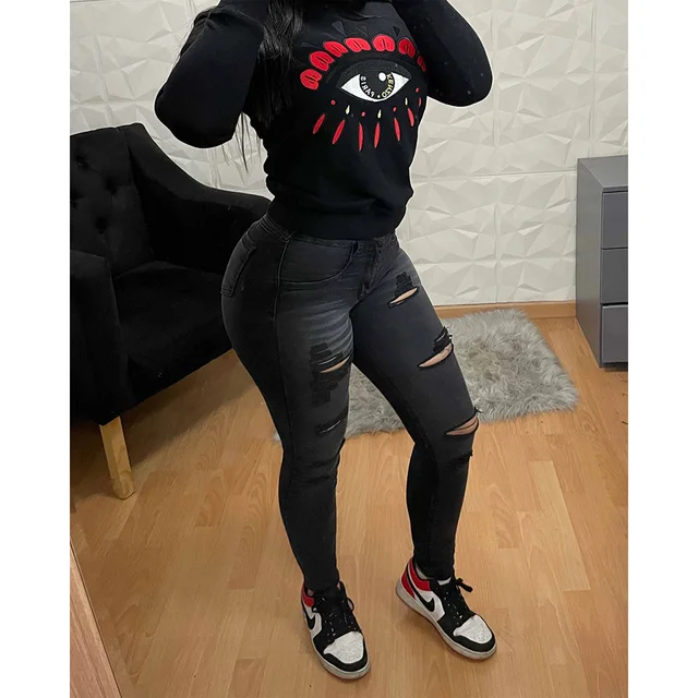 2023 ciemnoszare jeansy w stylu Distressed spodnie ołówkowe modne odzież uliczna kobiet spodnie typu Casual wysokiej jakości wygodne spodnie Fitness