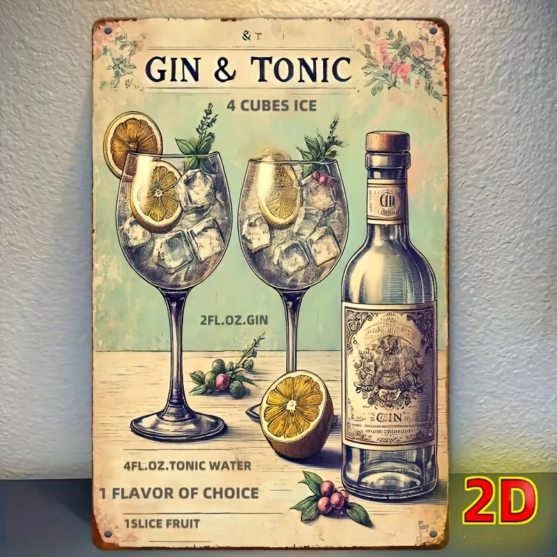 [1pc Vintage Gin Metal Sign] 1pc Vintage Metal Tin Sign, Gin & Tonic Recipe, 20x30 Cm, Iron Hanging Wall Art, Cubic Shape,