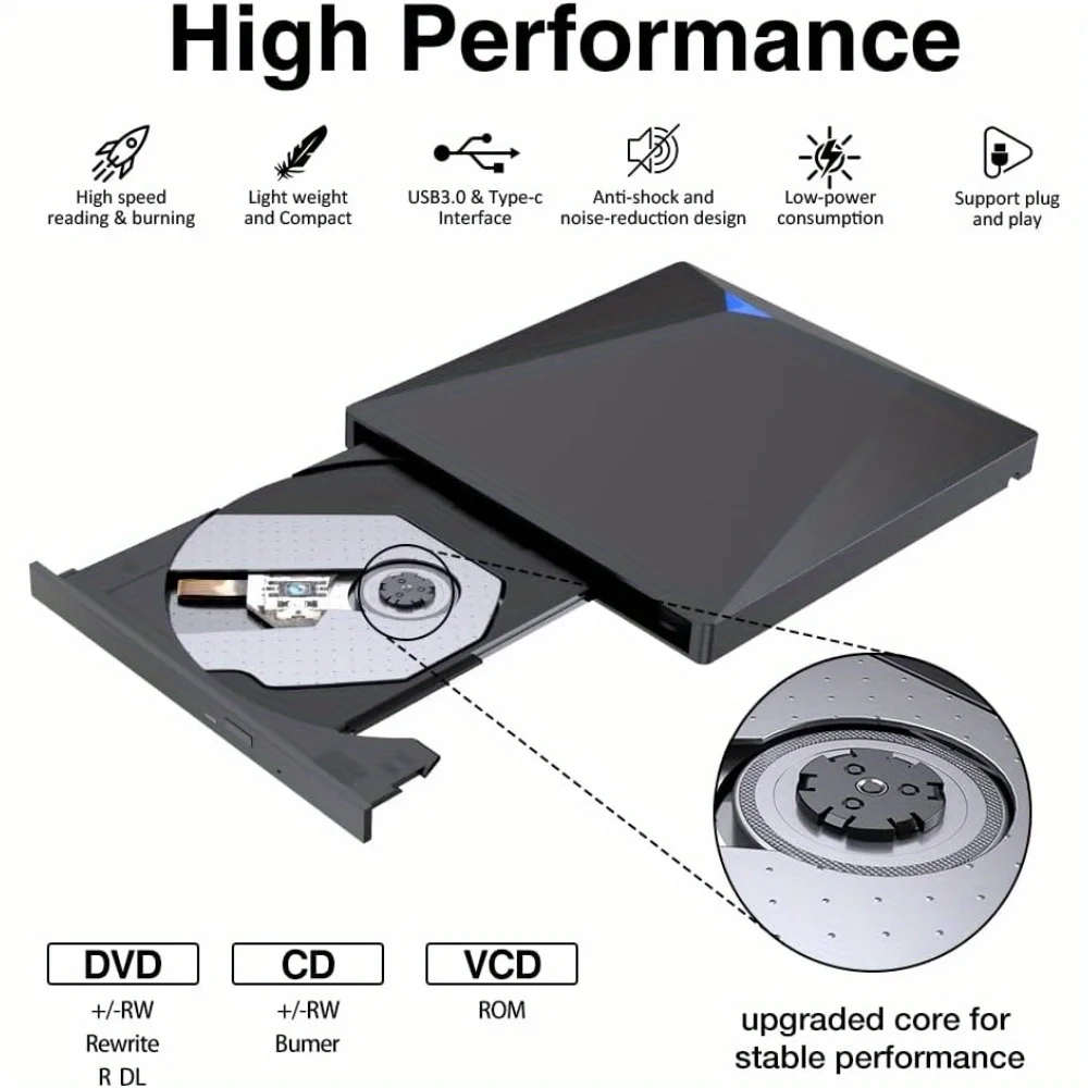 Lecteur CD et DVD externe USB 3.0 Type-C, portable, smile drive, graveur, compatible avec Windows XP, Vista, Mac OS, Linux, Mac