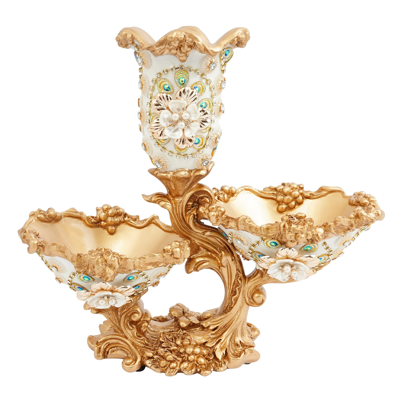 

2-Tier French Style Fruit Bowl, Gold Resin with Hand-Applied Diamonds, 11LBS Load, Stable Base, for Fruits Candies Flowers