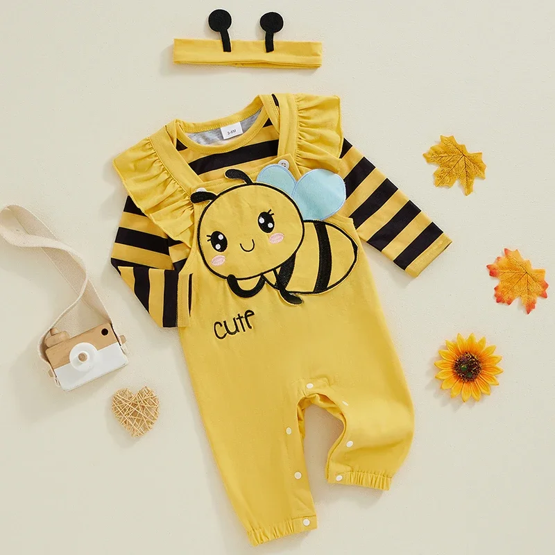 Infant Baby Girl Halloween Outfits Long Sleeve Stripe Romper + Overalls + Headband Set Bee Costume Newborn Clothes