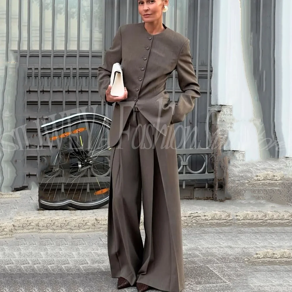 Costume féminin personnalisé 2 pièces, ample, décontracté, élégant, simple boutonnage, tenues de fête sociale, veste + pantalon à jambes larges