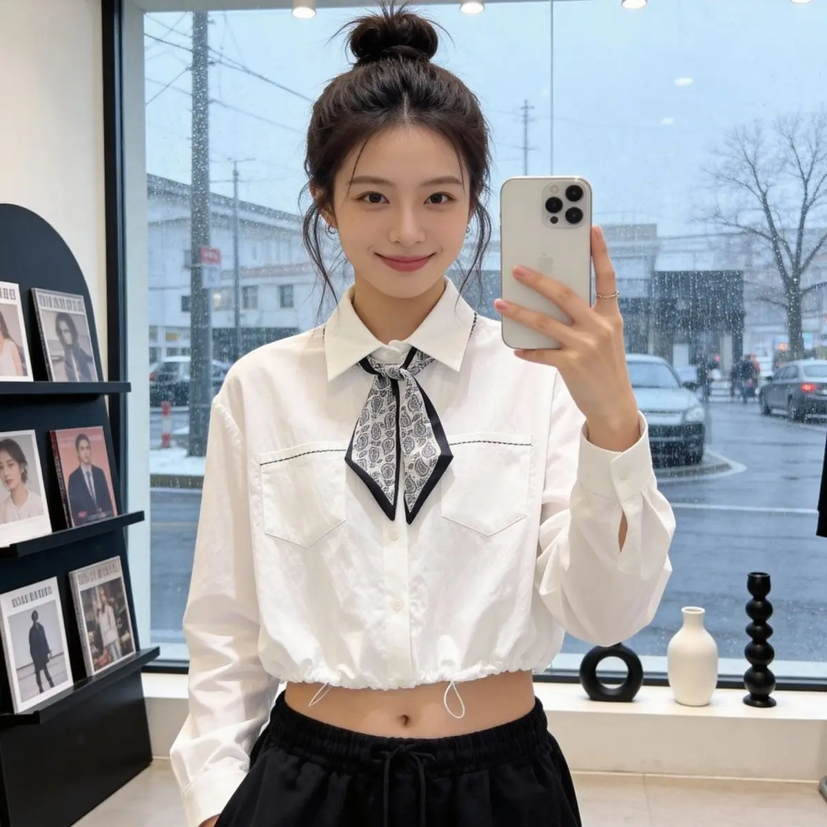 

Женская блузка с длинным рукавом и воротником, роскошный модный топ в корейском стиле на весну-осень, в комплекте с шелковым шарфом