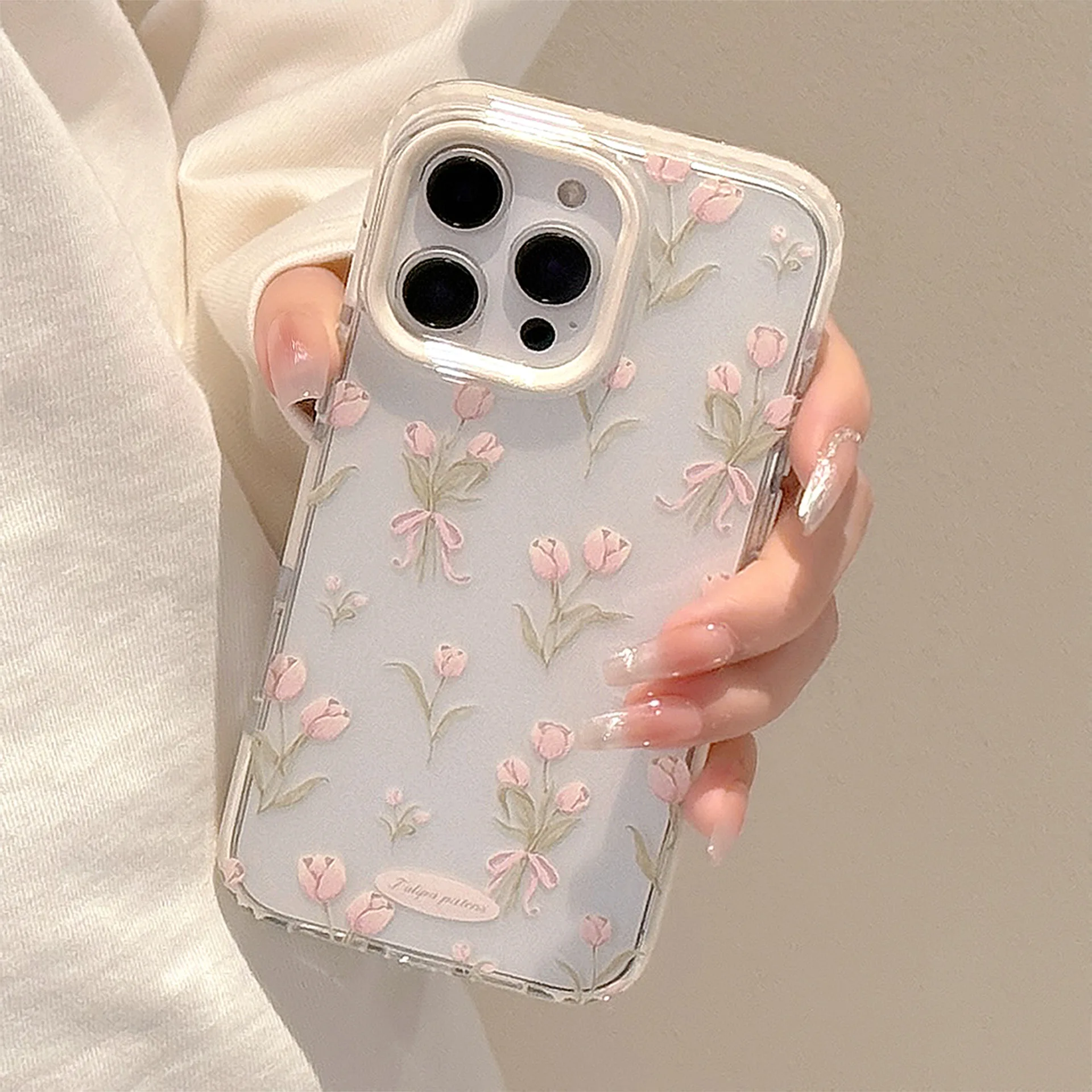 Korean Full Screen Pink Tulip Flowers Phone Case for iPhone 17 16 15 14 13 12 Pro Max Transparent Shockproof Protective Cover view 3
