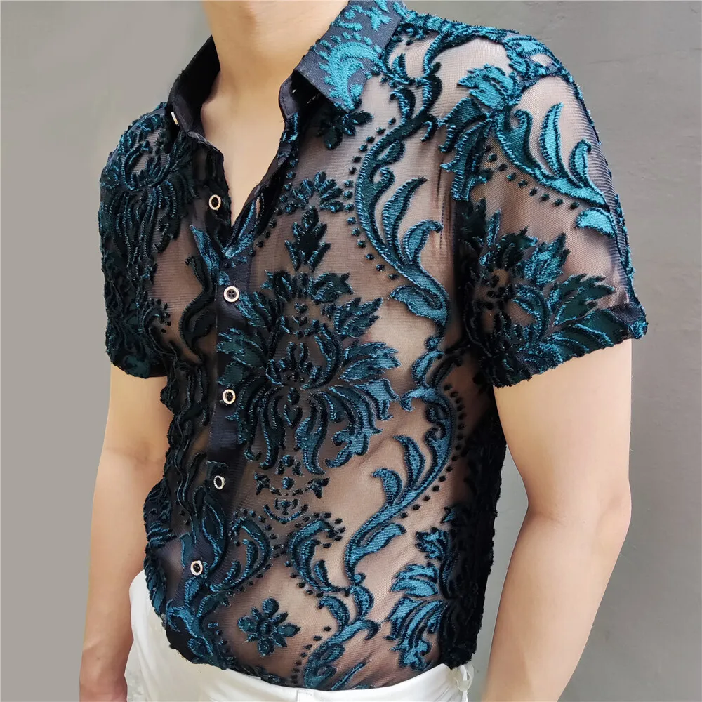 Green High Quality Transparent Floral Shirt Soft Velvet Slim-fit Men's Clothing Nightclub Short-sleeved Sexy Shirt See Through