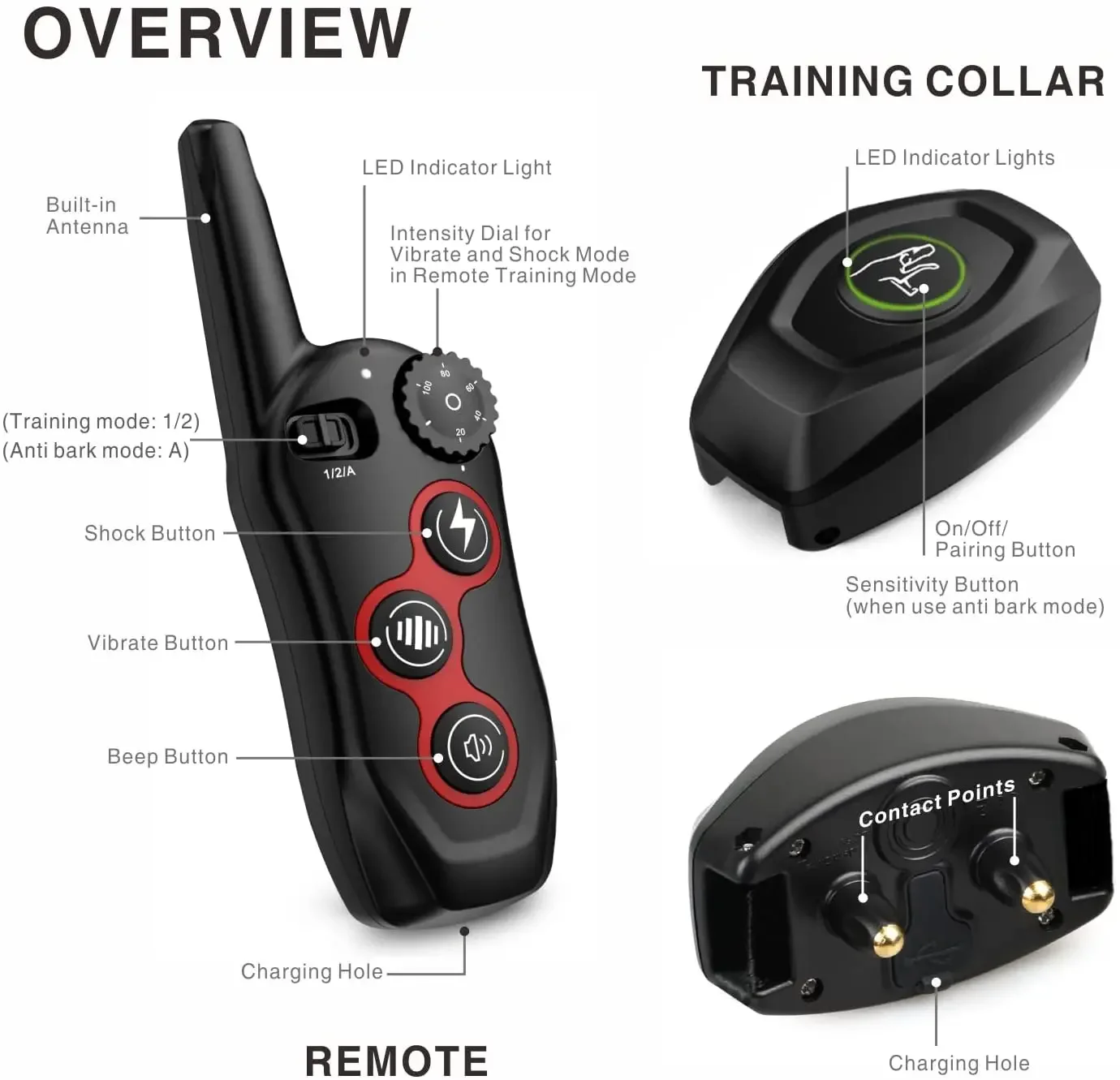 Dog Training Collar Remote Control Electric Shock Automatic Anti-Bark Collar w/3 Training Modes Beep Vibration Shock Waterproof