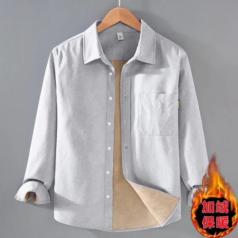New Simple Mens Winter Shirt Daily Casual Keep Warm Camisas De Hombre Solid Lapel Oxford Fleece Top with Pocket Slim Fit Shirt