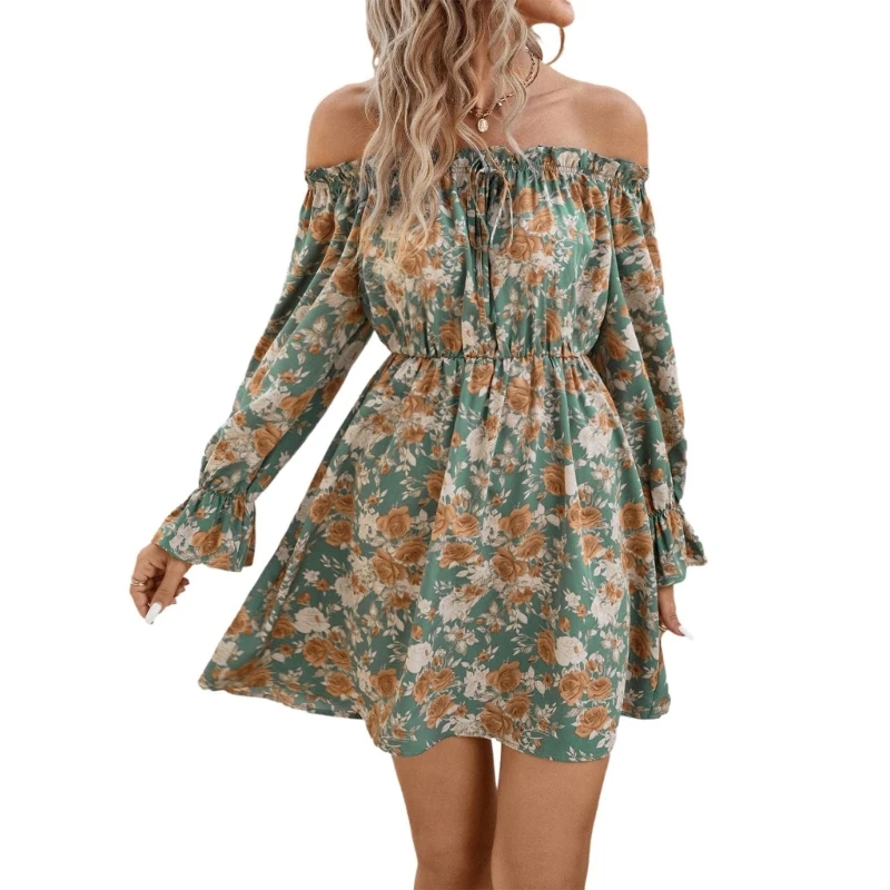 Vestido feminino com estampa floral boêmio vestido casual swing vestido férias manga comprida