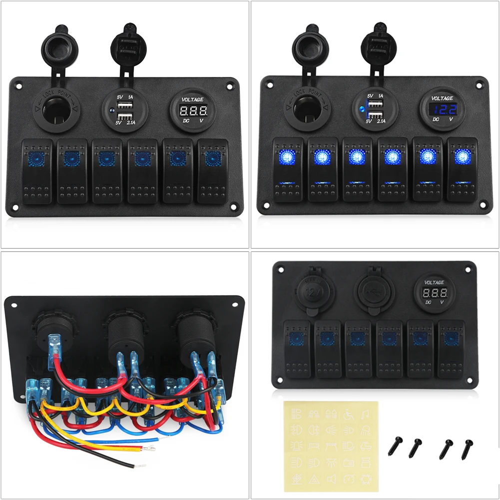 For Marine Boat Car Rv Vehicles Truc 6 Gang Switch Panel 3.1A Dual USB Slot Socket Digital Voltage Display Waterproof 24V/12V 