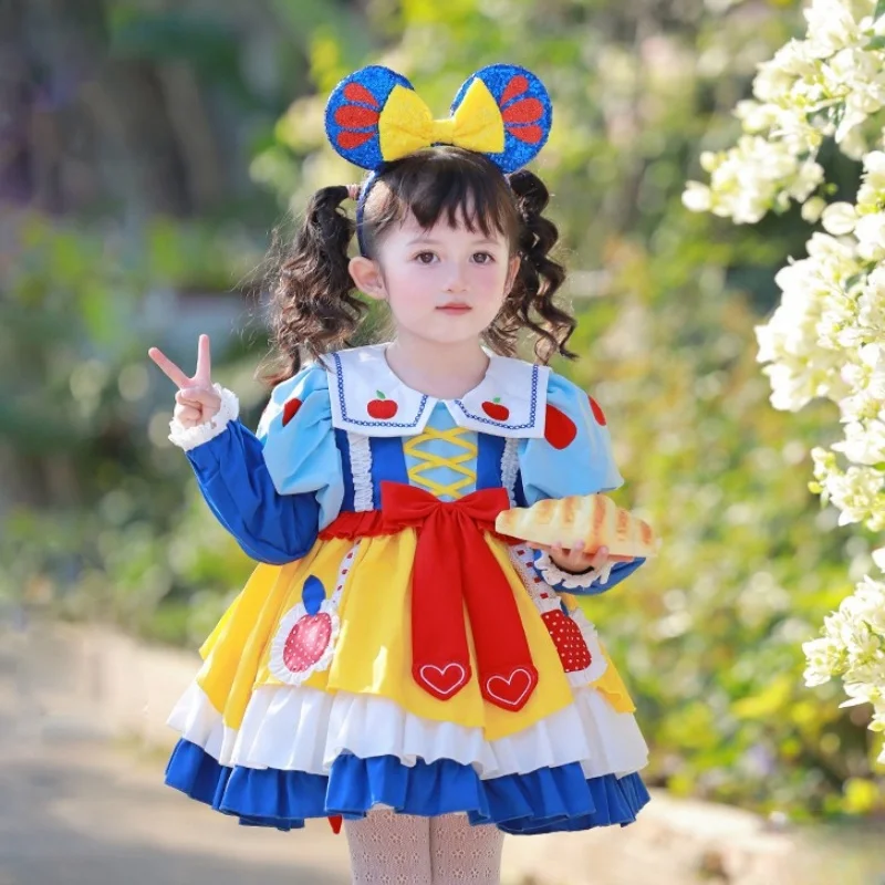 Disney Snow White Girl Lolita Princess Ball Gown Children Bow Design Puff Long Sleeve Cosplay Costume Birthday Party Skirt Gifts