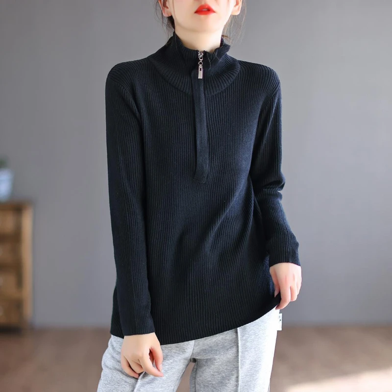 Black Gigh Neck Jerseys Zip-up Pullover Women's Sweater Turtleneck Knit Tops for Woman Warm Modern 90s Vintage New in Jersey Y2k