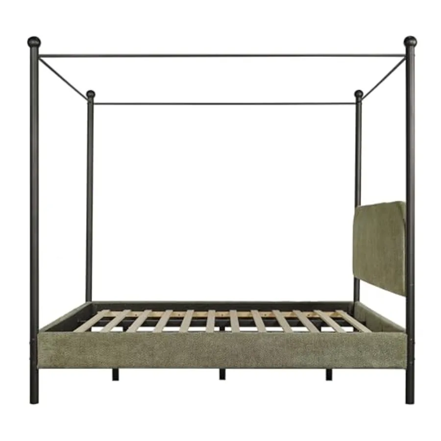 King Size Upholstered Canopy Bed Frame with Boucle Fabric, Curved Headboard and Iron Legs, Modern Platform Bed Frame with Slats view 6