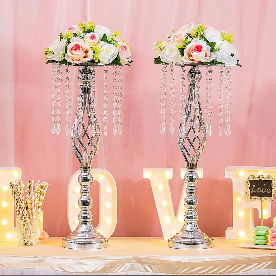 J1UL1N 2 Pcs Crystal Flower Stand Wedding Centerpieces For Tables, Tabletop Metal Flower Vase For Wedding Party Dinner Event