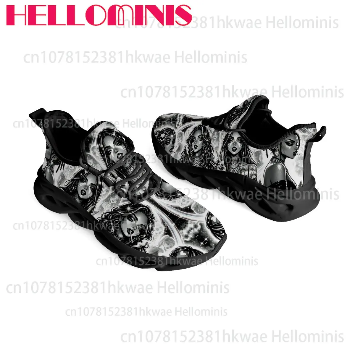 Grayscale Figure Art Print Chunky Hollow Sole Sneakers Breathable Mesh Fashion Street Casual Walking Shoes for Men Women