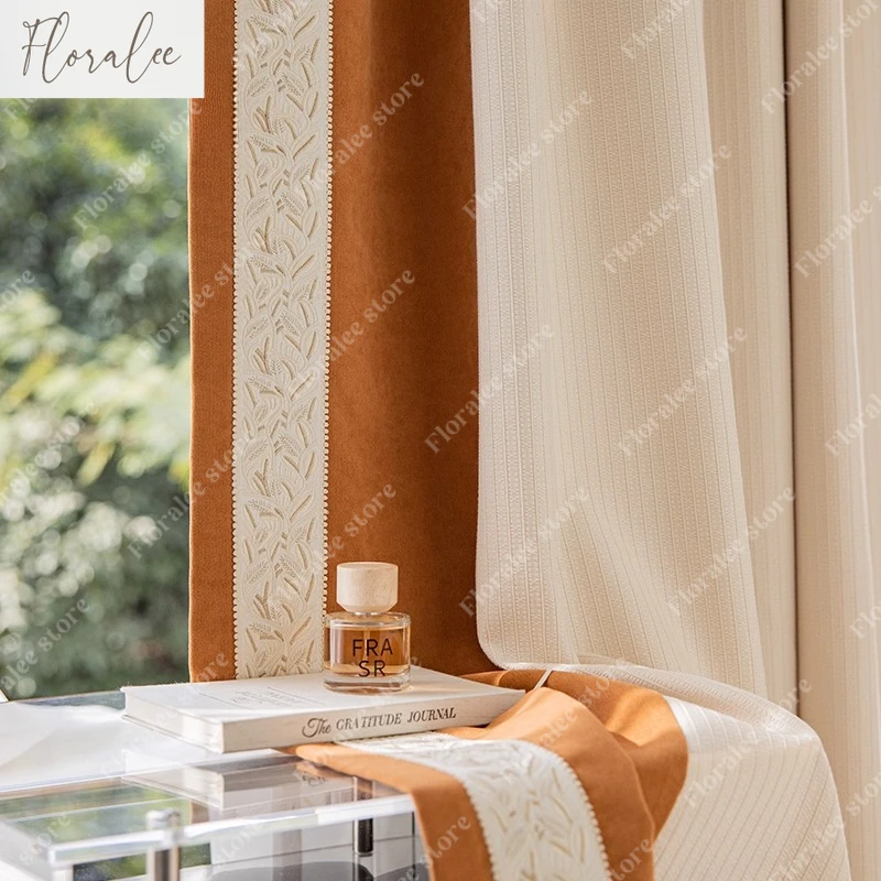 

Floralee Store French Gentle Color Block Curtains for Bedroom Living Room Log Cream Chenille Blackout Curtains Customized