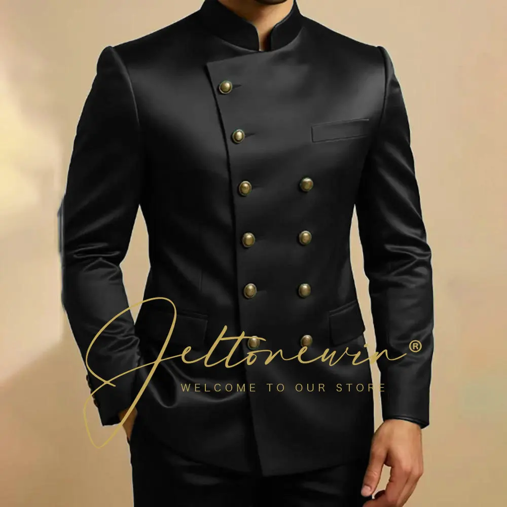 

Black Double Breasted Wedding Men Suits Stand Collar Regular Length Slim Fit Wedding Male Clothing Custom 2 Piece Jacket Pant