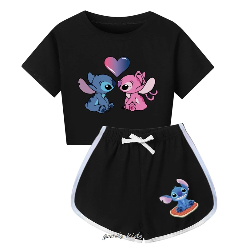 Lilo And Stitch T-shirt Shorts Leisure Sports Suit Girls Clothing Set Baby Boys Homewear Suit Big Kids Summer Tshirt Best Gift