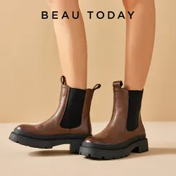 BEAUTODAY Anke Boots Women Genuine Cow Leather Short Plush Slip-on Round Toe Platform Ladies Polished Shoes Handmade 03A58