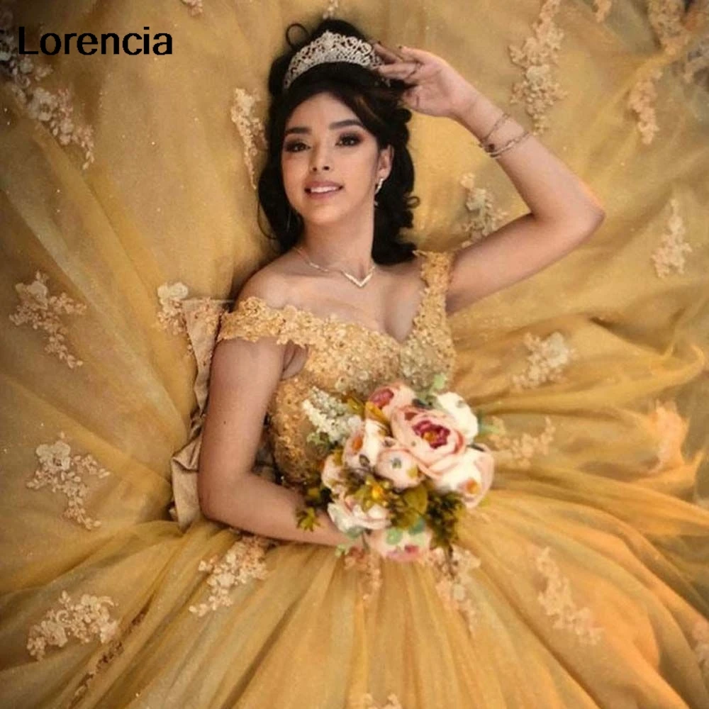 فستان quenceanera ذهبي لامع من Lorencia ، دانتيل مكشوف الكتفين ، مطرز بالخرز مع مشد القوس ، حلو 16 ، 15 سنة ، YQD661