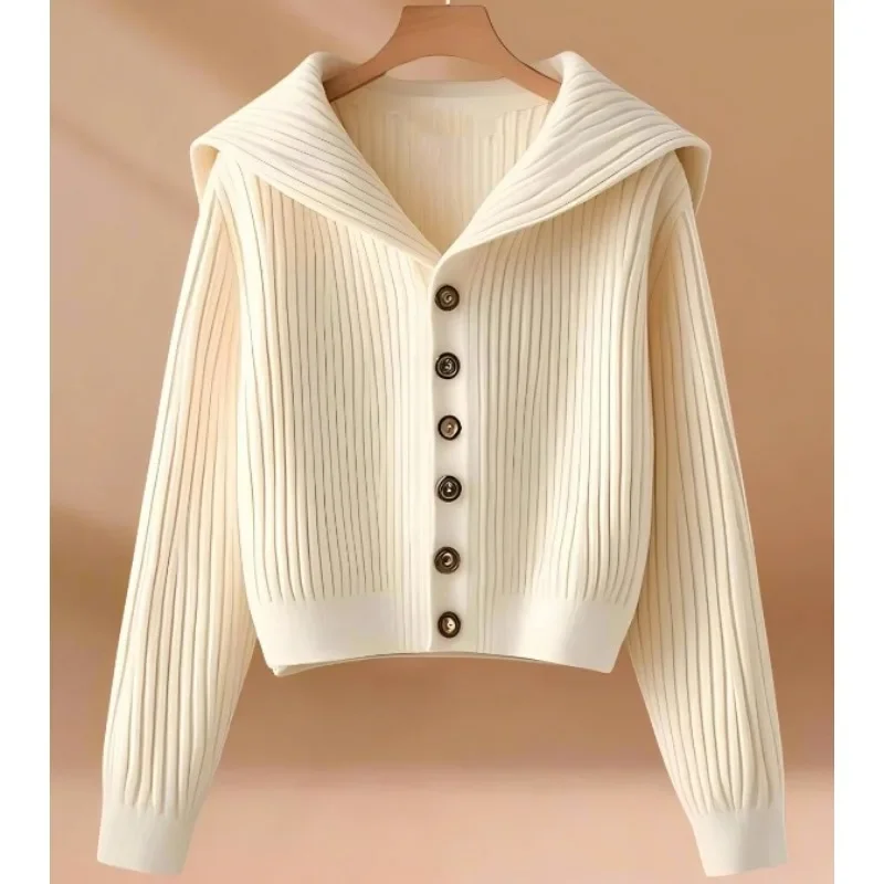 Female Texture Sense of Advanced Art Student Sweater New Autumn and Winter Models Navy Collar Single-breasted Knit Cardigan