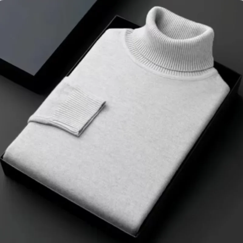 New Men's Autumn High-quality Knitted High Neck Sweater, Long Sleeved Breathable Pullover Sweater, Plus Size Solid Color Sweater