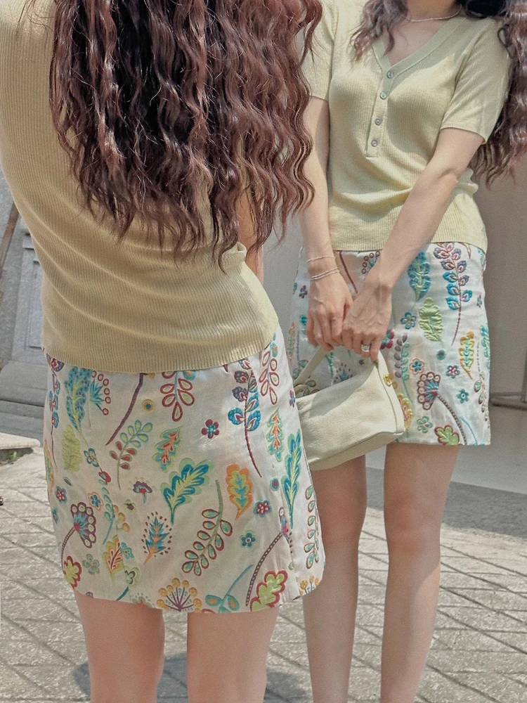 

Юбка с вышивкой в стиле тропического леса, приталенная, с высокой талией, прямого кроя, универсальная, в стиле ретро