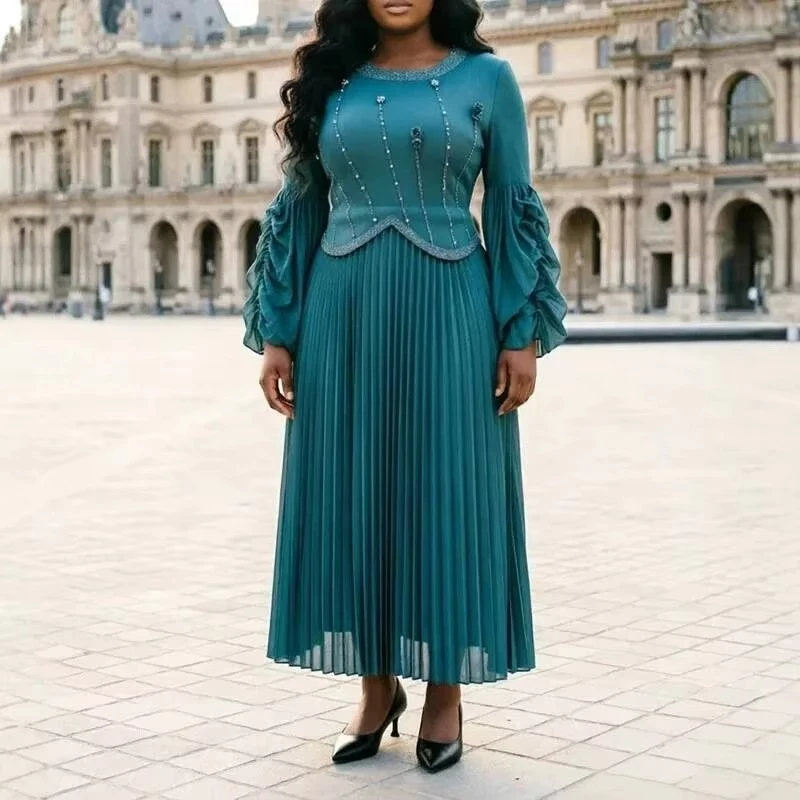 ANLAN Fashion Gold Foil Printing Beaded Women's Pleated Dress Ruffle Sleeve Round Neck Formal Party Fashion Clothing 7AN2308