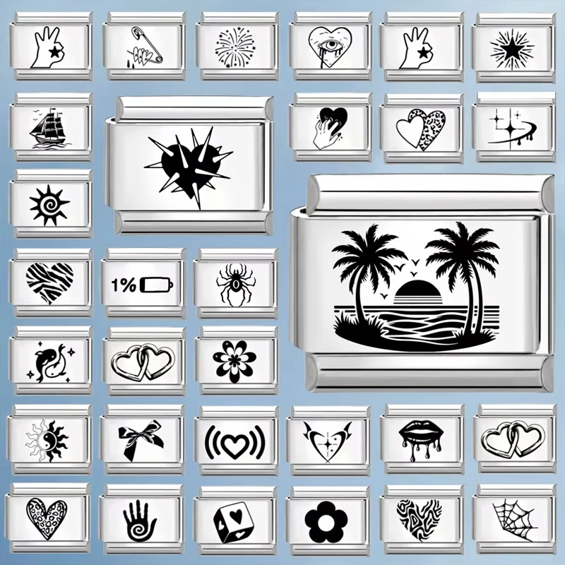 Laser Engraving Sunset Coconut Tree Heart Spider Italian Charm Links Fit 9mm Stainless Steel Bracelet Men Women DIY Making Gifts