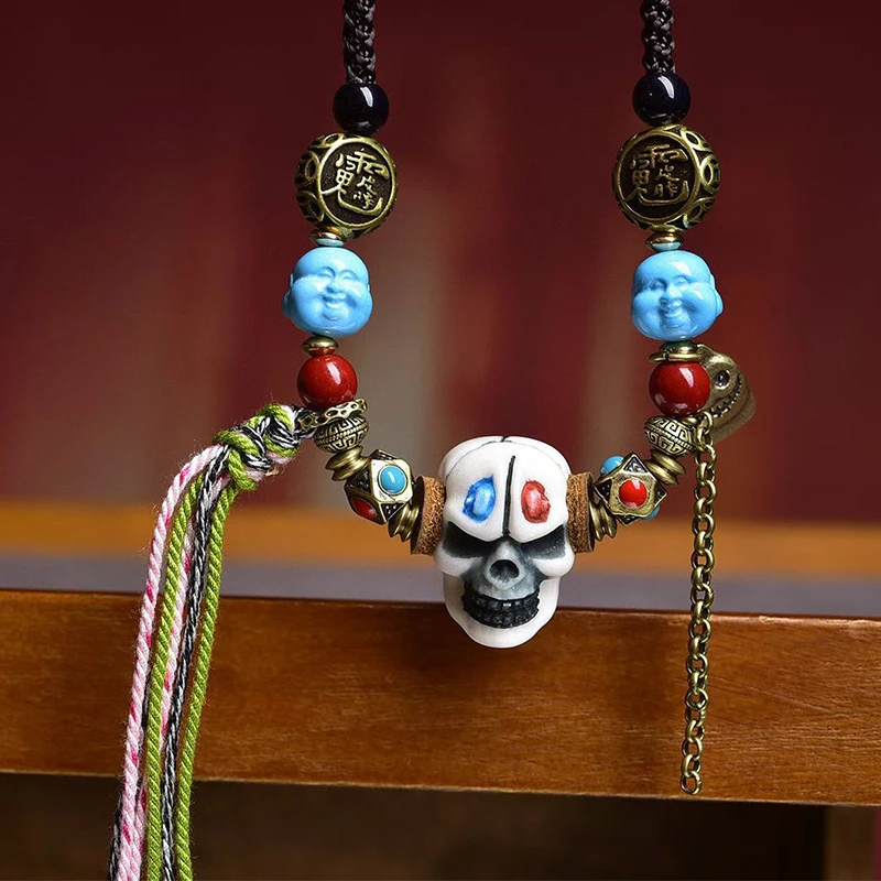 -woven Dzi bead necklace, -knitted jewelry women and men, Tibetan ethnic style, hand-twisted cotton cord pendant str