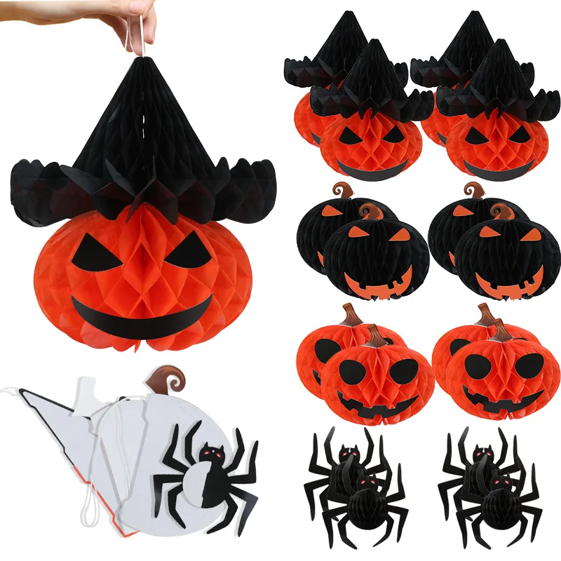8 Teile/satz 3D Spinne Kürbis Waben Ball für Halloween Party Dekoration Hängen Papier Laterne Handwerk Hause Indoor Outdoor Decor