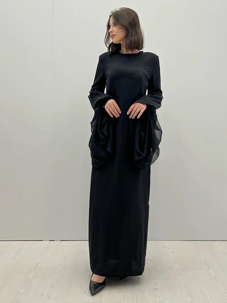 Jirocum Simple O Neck Prom Dress Women's Full Sleeve Beaded Evening Gown A Line Black Ankle Length Custom Special Occasion Gowns