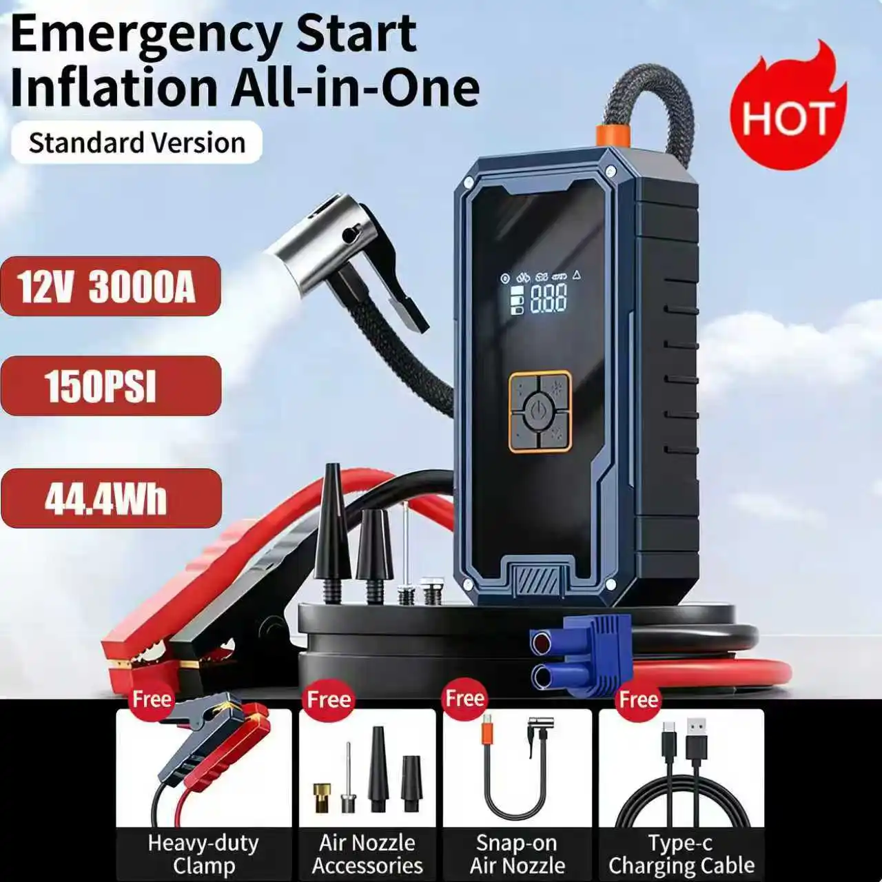 2026 3000A Car Jump Starter 99800mAh Portable Battery Booster Air Compressor 12V Auto Emergency Start Power Bank With LED Light