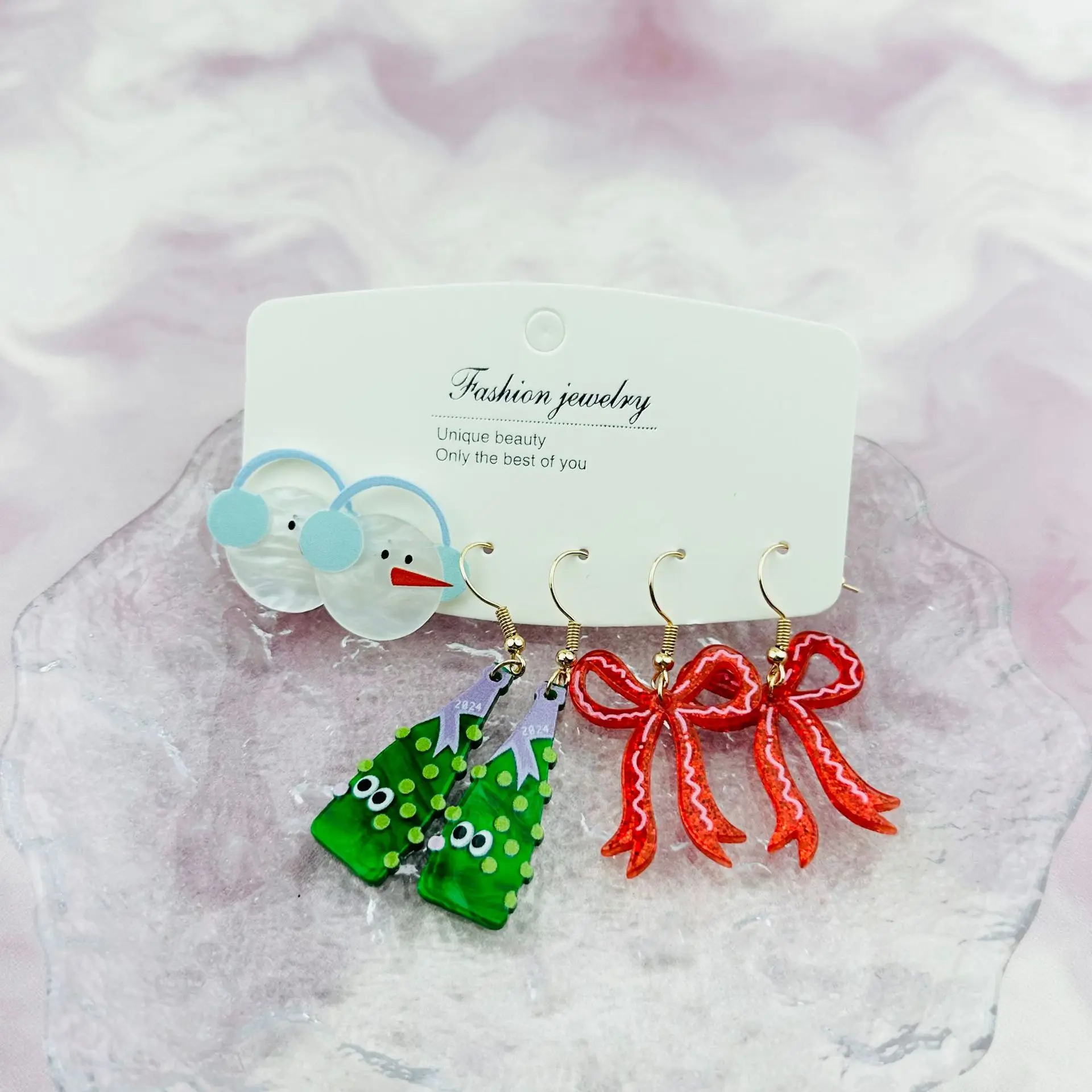 

3pair European and American Acrylic Printed Christmas Element Earrings Women's Snowy Atmosphere Christmas Eve Party Earrings