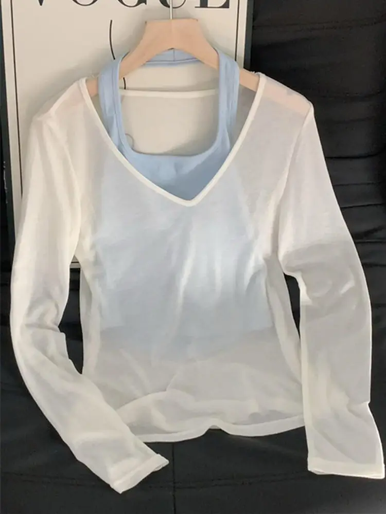 الرغبة النقية مثير الأبيض V-Ne طويل Sve أعلى + ter Ne صديرية دائرية المرأة قطعتين مجموعة رقيقة Sunade التستر تي شيرت