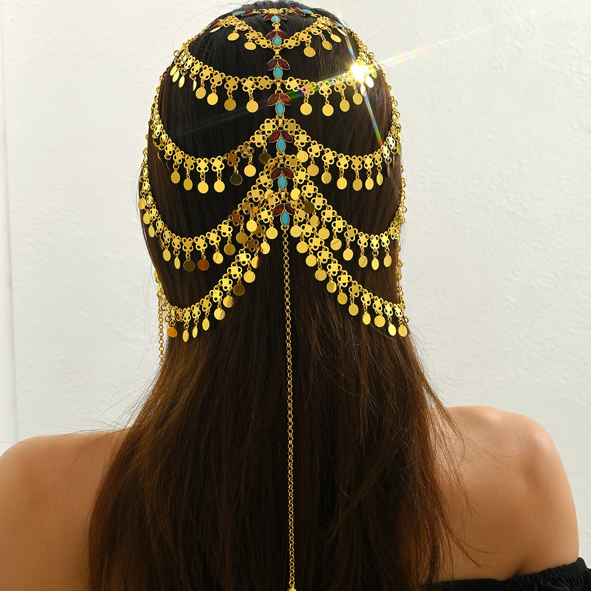 

Dance multi-layered tassel headpiece with hollowed-out coin-texture pattern, retro curtain, luxurious Indian dance facial decora