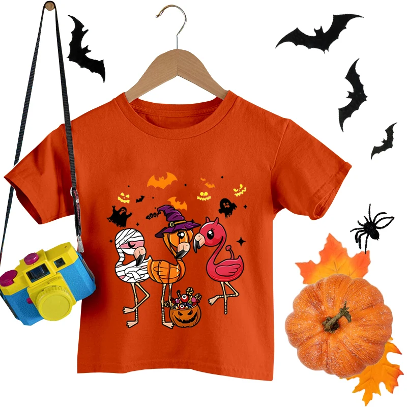 

Halloween Flamingo Print T-shirt Children Boys Girls Summer Casual Halloween T-shirt Round Neck Short-sleeved Pure Color T-shirt