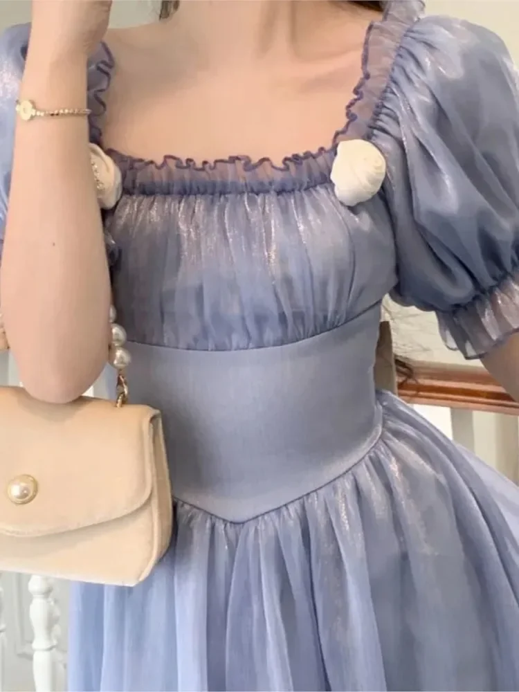 France Vintage Elegant Dress Women Spring Blue Retro Evening Party Midi Dresses Sweet Vintage Mesh Dress 2023