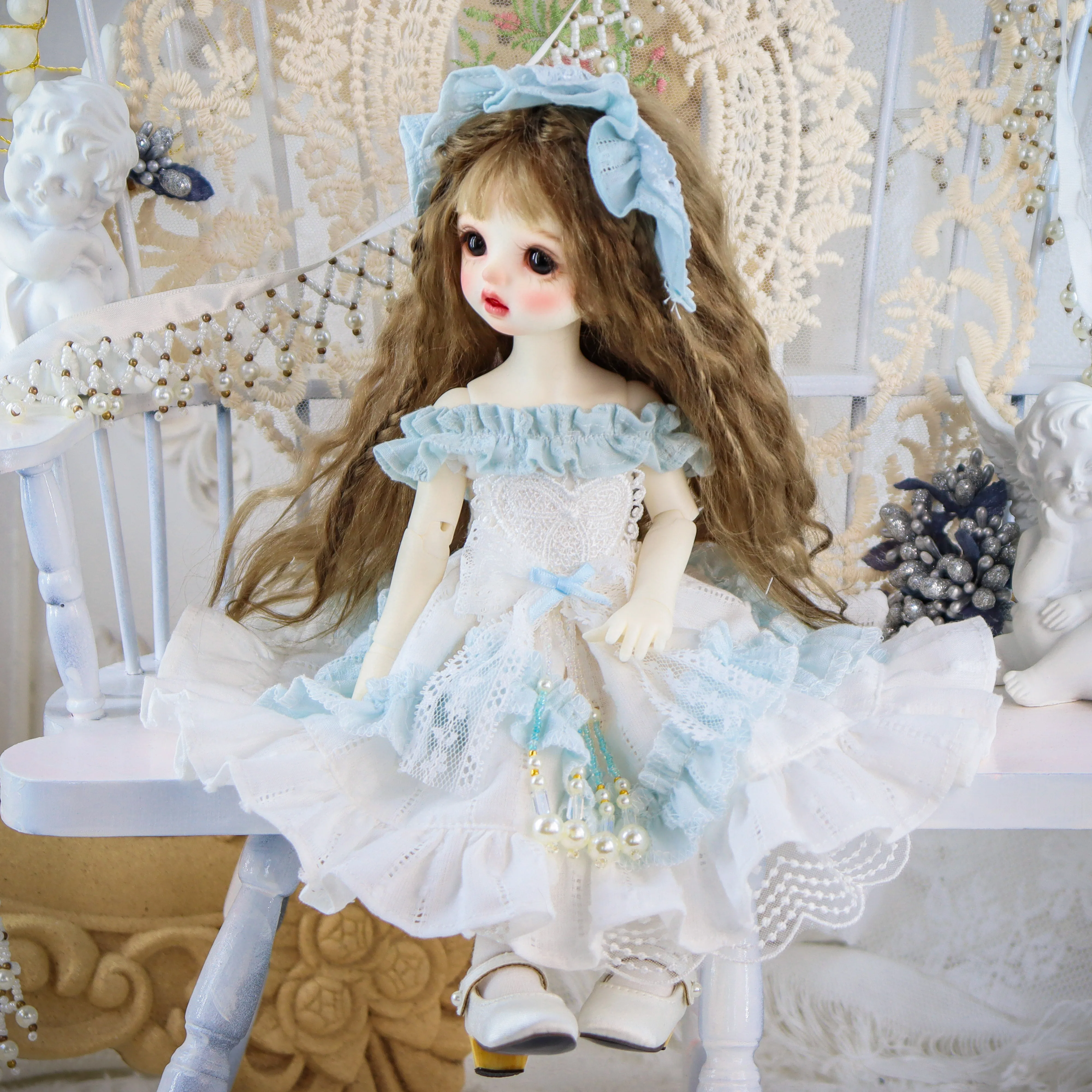 1/6 1/4 1/3 BJD dress + hair Clips doll retro dress cute blue lace pearl set per 1/3 1/4 1/6 BJD SD DD 1/6 Blyth doll accessorie