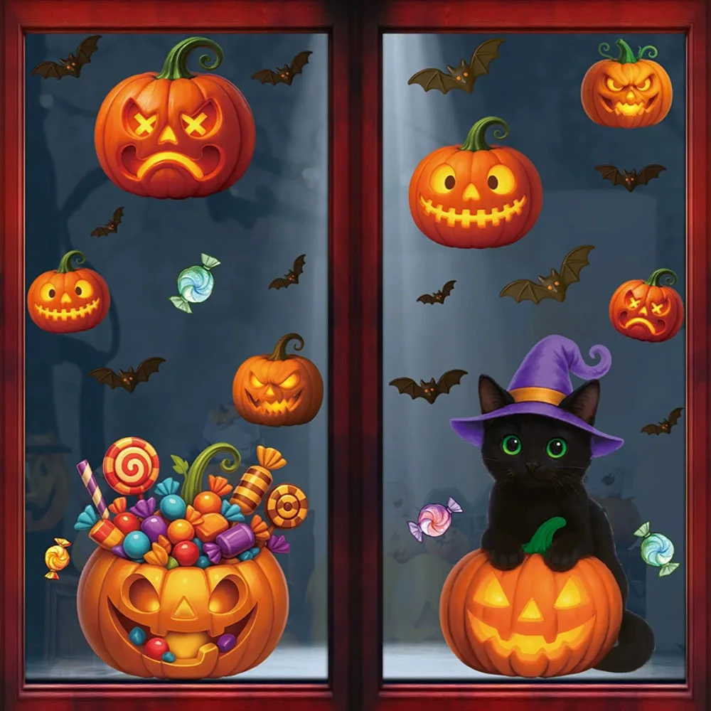 Halloween Window Stickers Black Cat Pumpkin Design Static Cling Glass Door Decoration Halloween Party Supplies - view 2