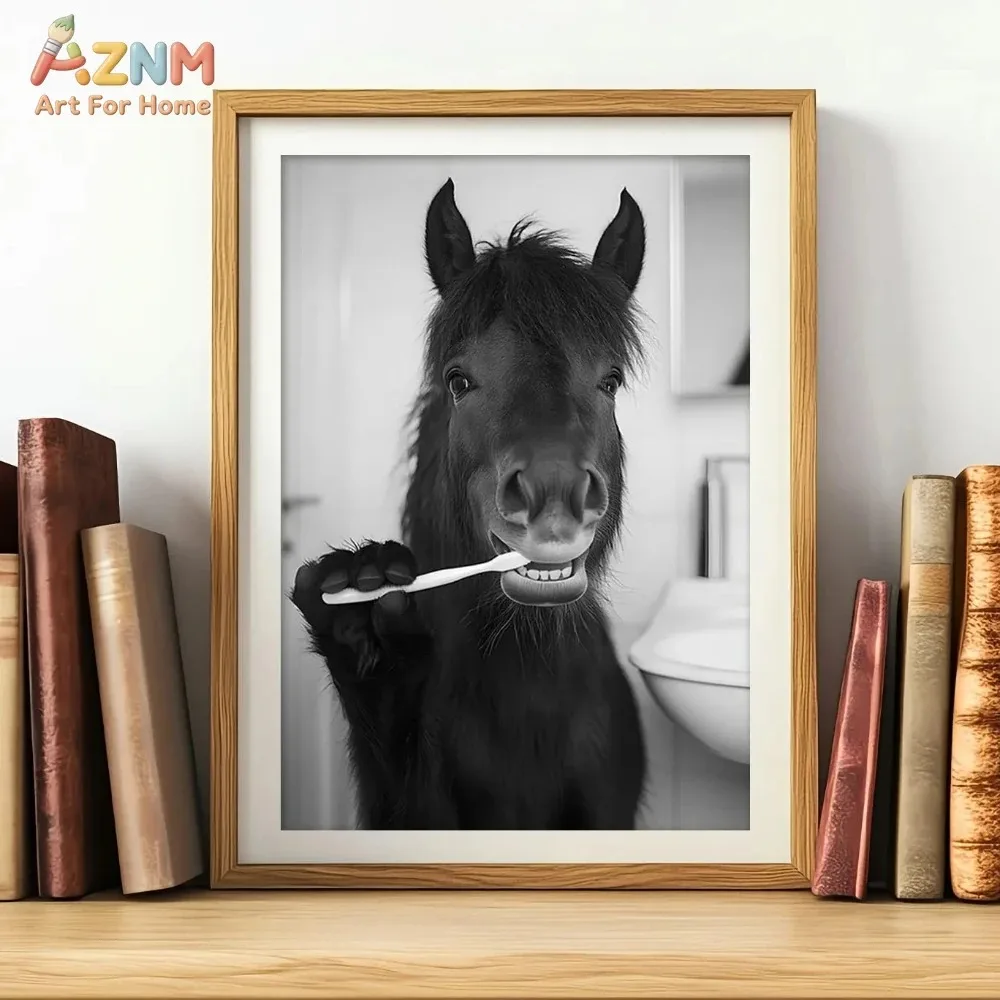 AZNM Funny Animal Brushing Teeth Canvas Wall Art, Black White Humor Bathroom Decor Print Poster, Unframed Single Canvas Painting
