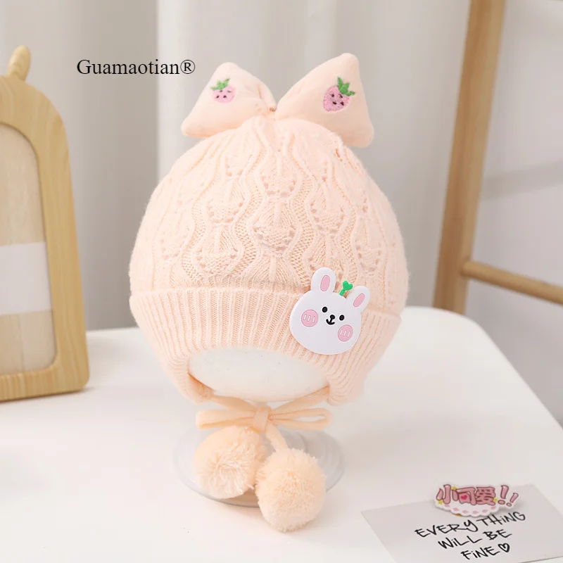 Winter Cute Warm Knitted Baby Hat Kids Ear Protection Caps with Bow Pink Cartoon Bunny Beanie Hat for Girls 0-12M