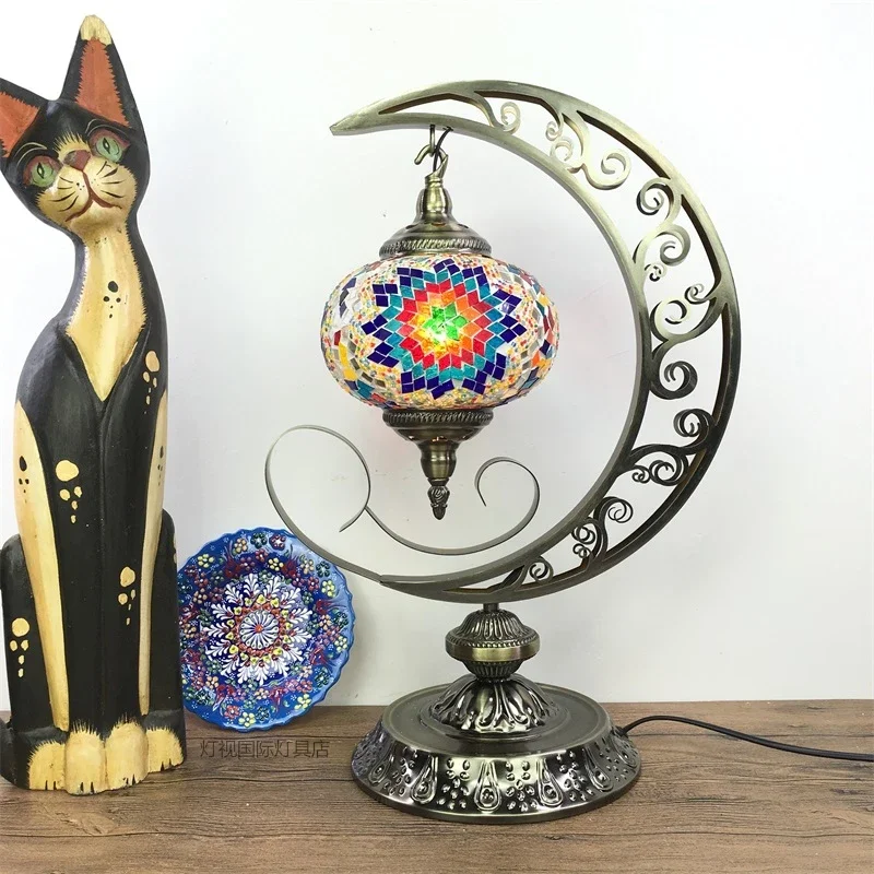 Vintage ethnic style bedroom living room dining room cafe hotel handmade mosaic glass turkey moon table lamp