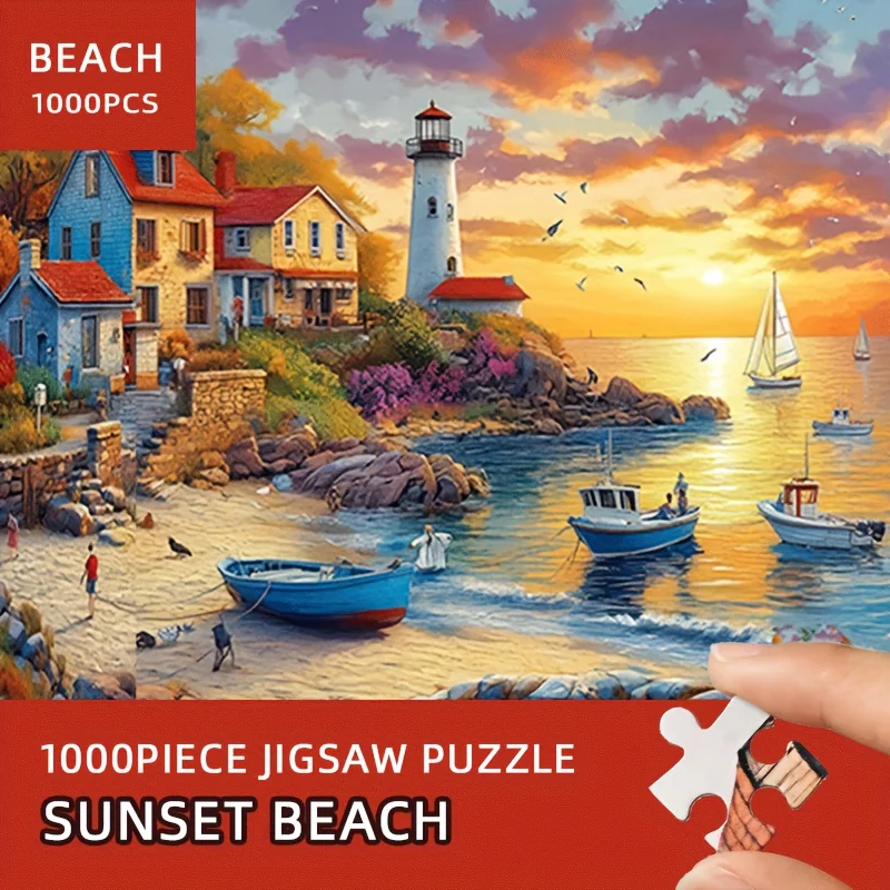 Grote 1000 stuks strand zonsondergang puzzel - stad scène 27,56x19,69 inch papieren puzzel voor volwassenen en gezinnen