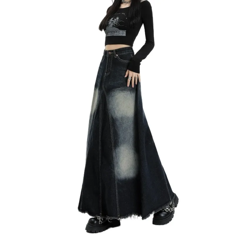 GUUZYUVIZ Bohemian Blue Gray Trumpet Mermaid Skirt Loose Fitting Large High Waist A-line Brushed Edge Retro Maxi Fishtail Skirt