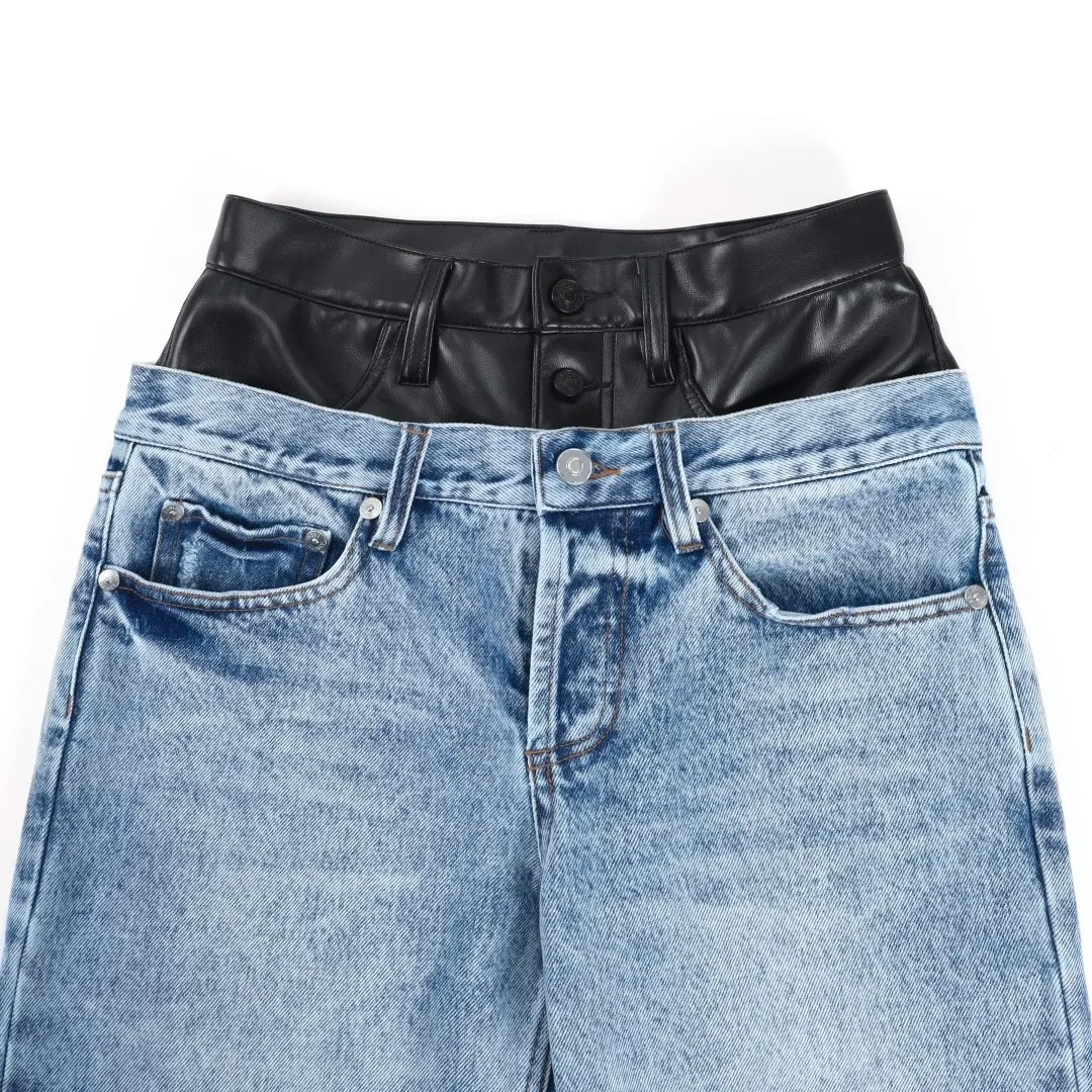 2025 Nuovi pantaloni in denim a gamba larga con cintura in pelle Fusion: jeans Stonewash blu/neri