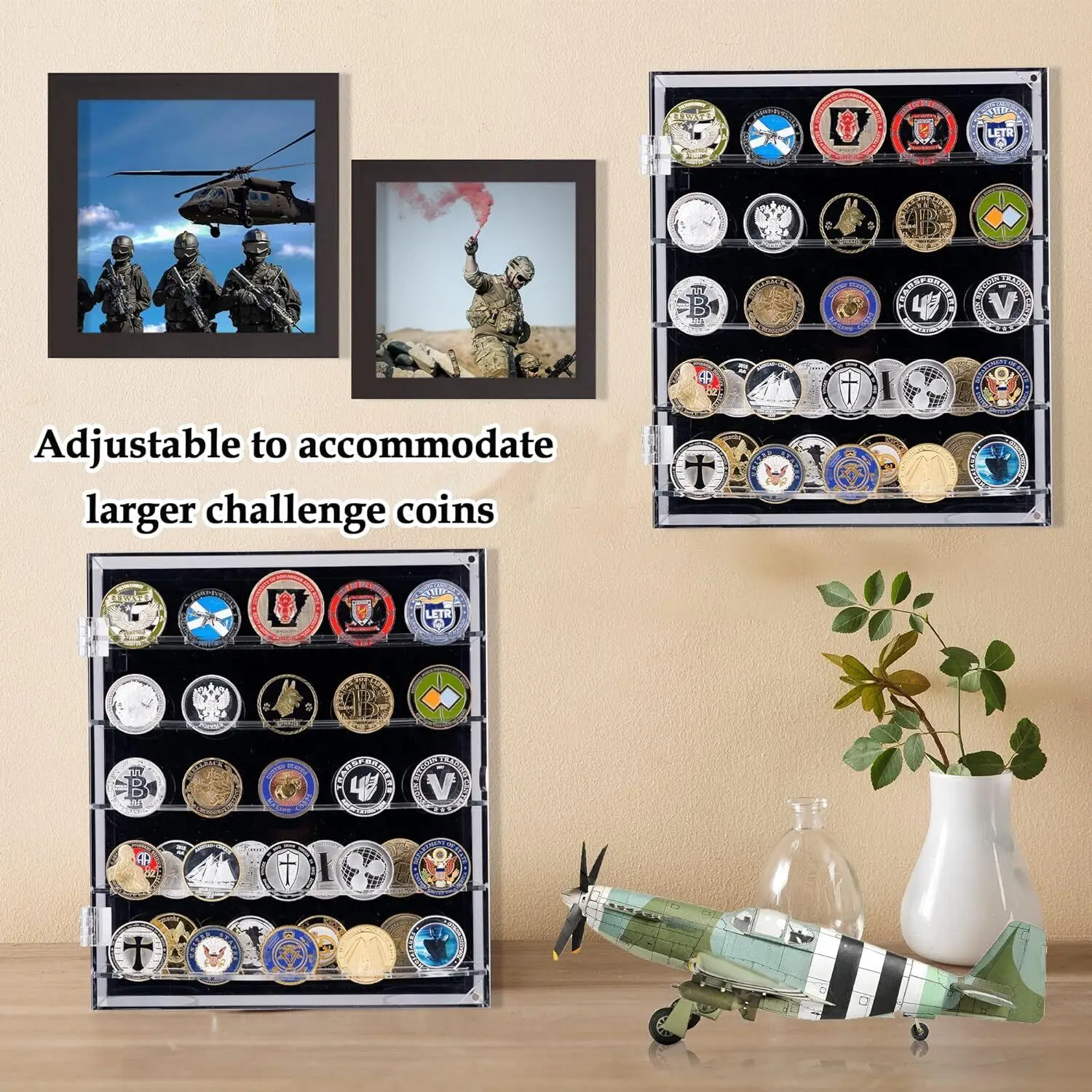 Acrylic Coin Holder Challenge Coin Badges Display Case 45 Military Medals Shadow Box